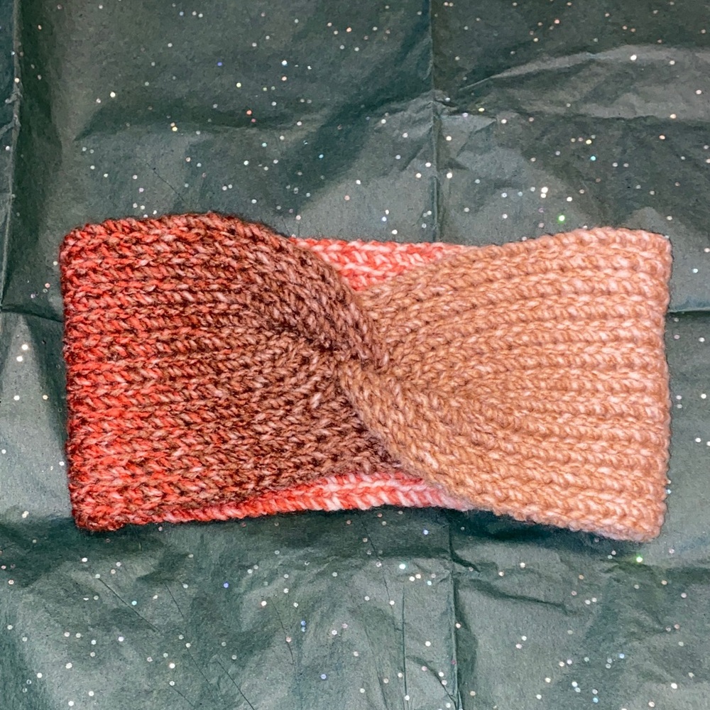 4/$10 Cozy Brown and Red Hand Knit Twist Headband Stretchy Warm Winter